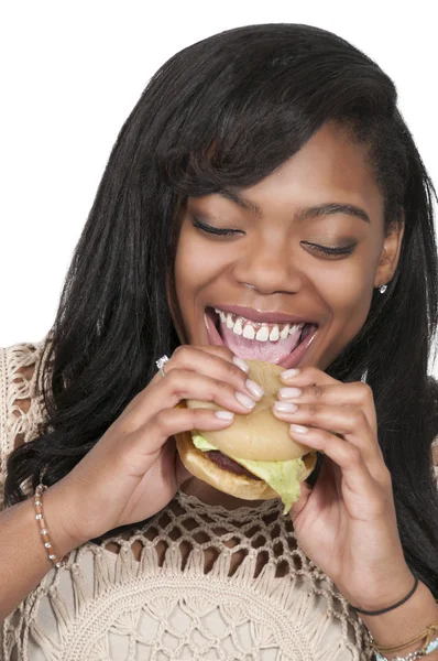 Vrouw met Hambrger — Stockfoto