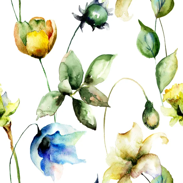 Padrão sem costura com flores de tulipas e lírio — Fotografia de Stock