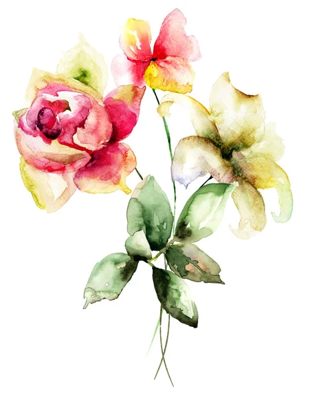 定型化された花、水彩イラスト. — ストック写真