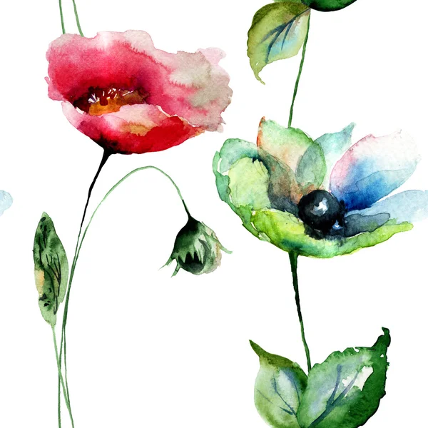 Бесшовный рисунок с цветами Поппи и Гербера — стоковое фото