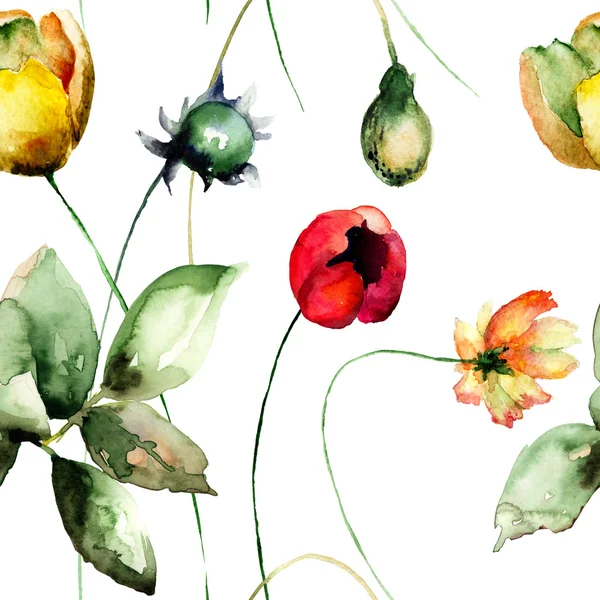 Nahtloses Muster mit Tulpen und Gerbera-Blumen — Stockfoto