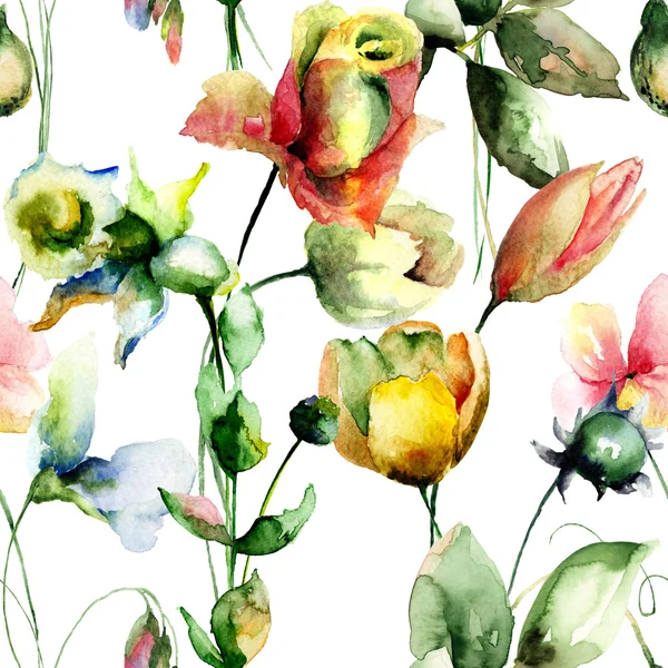 Padrão sem costura com flores de rosa, tulipa e narciso — Fotografia de Stock