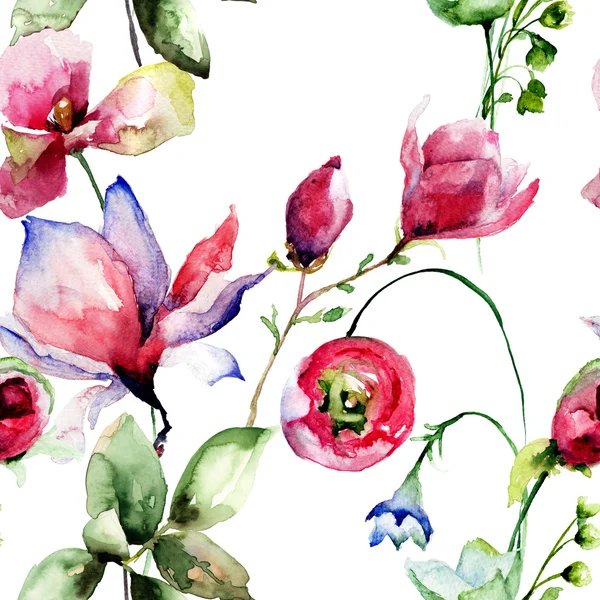 Modello senza cuciture con fiori di papavero e Magnolia — Foto Stock