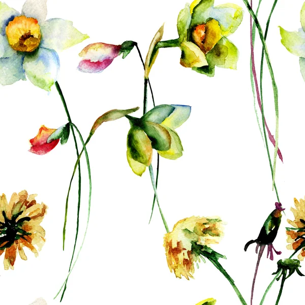 수 선화와 민들레 꽃으로 완벽 한 패턴 — 스톡 사진