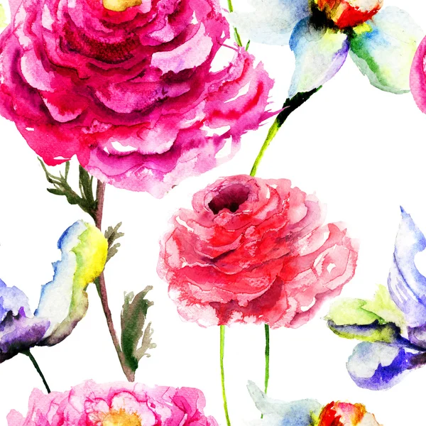 チューリップと牡丹の花のシームレス パターン — ストック写真