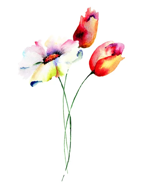 Ακουαρέλα εικονογράφηση στυλιζαρισμένα λουλούδια — Φωτογραφία Αρχείου