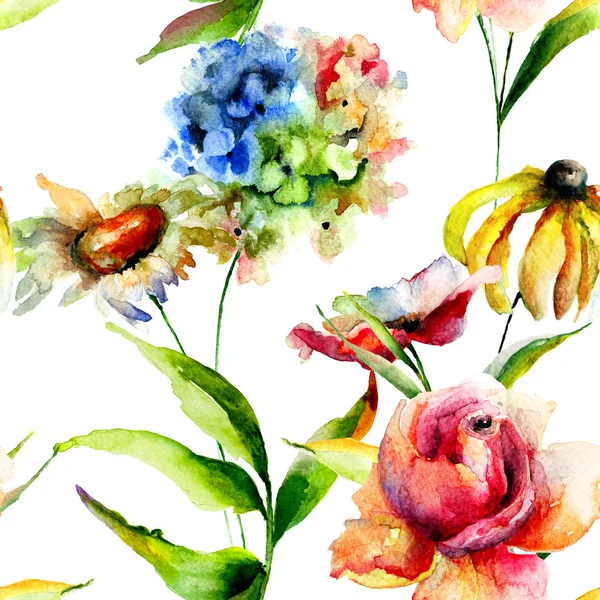 Nahtloses Muster mit Hortensien, Hibiskus und Rosenblüten — Stockfoto