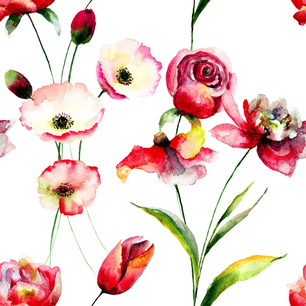 Padrão sem costura com flores de tulipa e papoula — Fotografia de Stock