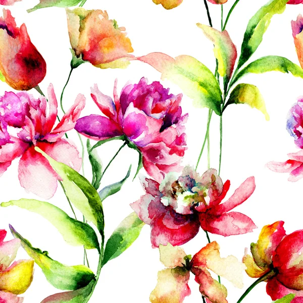 Seamless pattern with Tulip and Peony flowers — Stock Photo, Image