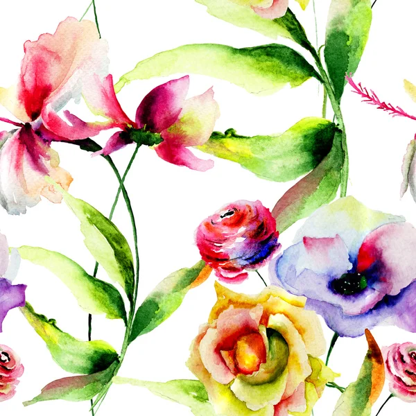 Bezszwowe tapeta z dzikich kwiatów — Zdjęcie stockowe