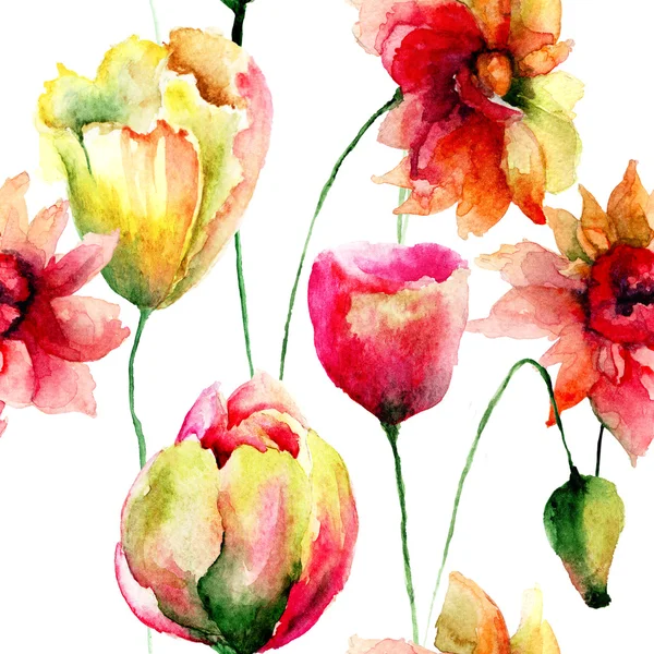 Naadloze patroon met Tulip en Poppy bloemen — Stockfoto