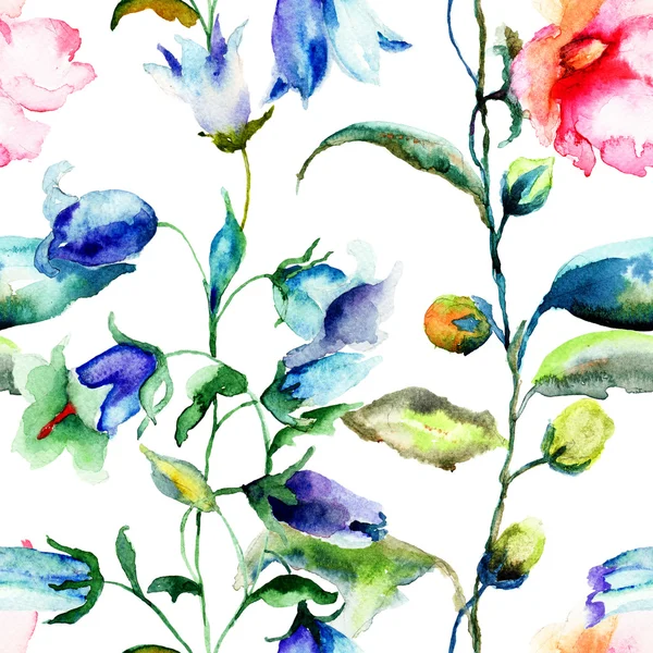 Ipomea とベルの花の花 illustratio とシームレスなパターン — ストック写真