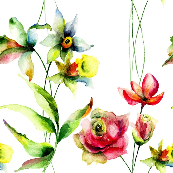 Papier peint sans couture avec fleurs Narcisse et Roses — Photo