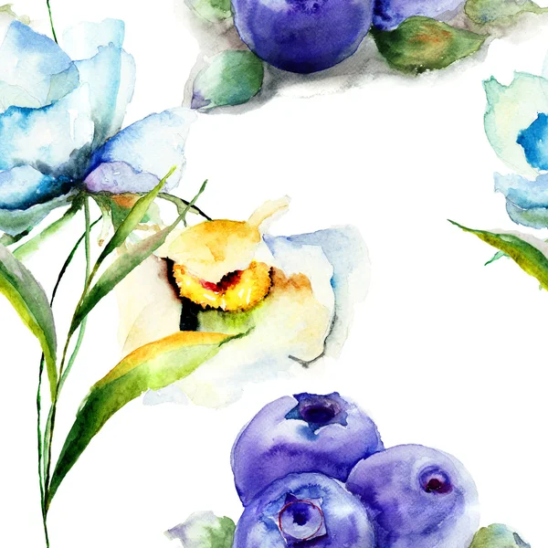 Seamless pattern with summer flowers and Blueberries — ストック写真