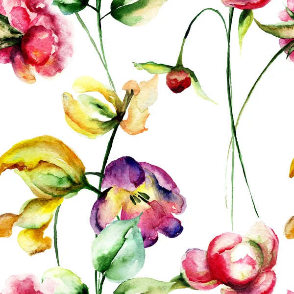 Seamless pattern s tulipány a Pivoňka květiny — Stock fotografie