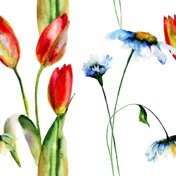 Nahtlose Tapete mit Gänseblümchen und Tulpenblumen — Stockfoto