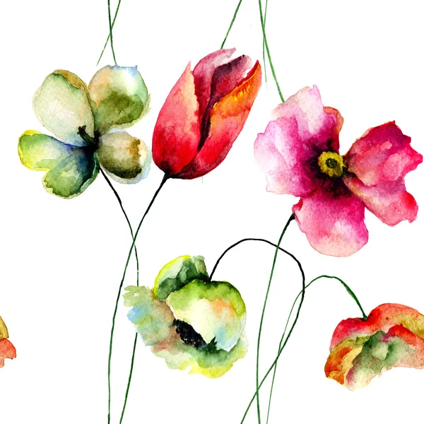 Naadloze patroon met papaver en tulpen bloemen — Stockfoto