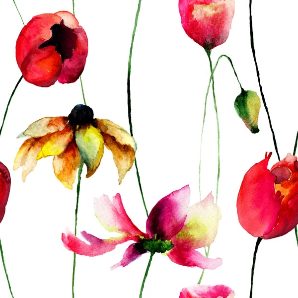 Fondo de pantalla sin costuras con flores Gerber y Tulipanes —  Fotos de Stock