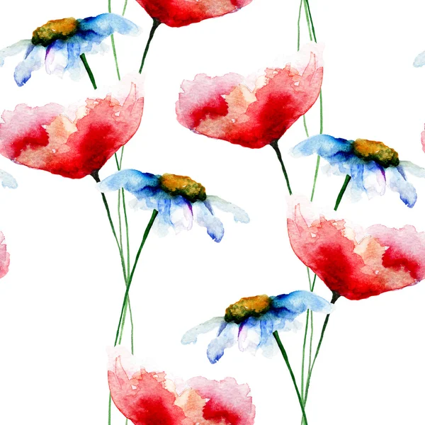 Seamless pattern with Poppy and Chamomile flowers — Stock Photo, Image