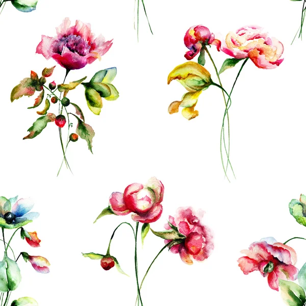 Nahtloses Muster mit Gartenblumen — Stockfoto