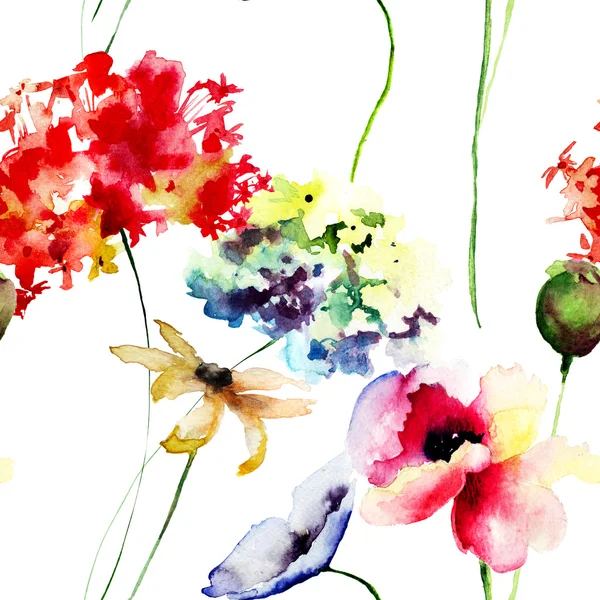 양 귀 비와 수 국 꽃으로 완벽 한 패턴 — 스톡 사진