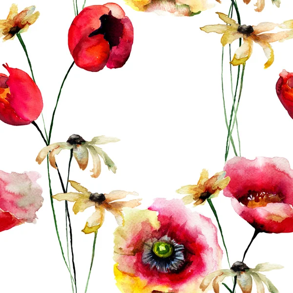 Άνευ ραφής ταπετσαρία με λουλούδια Gerber και τουλίπες — Φωτογραφία Αρχείου