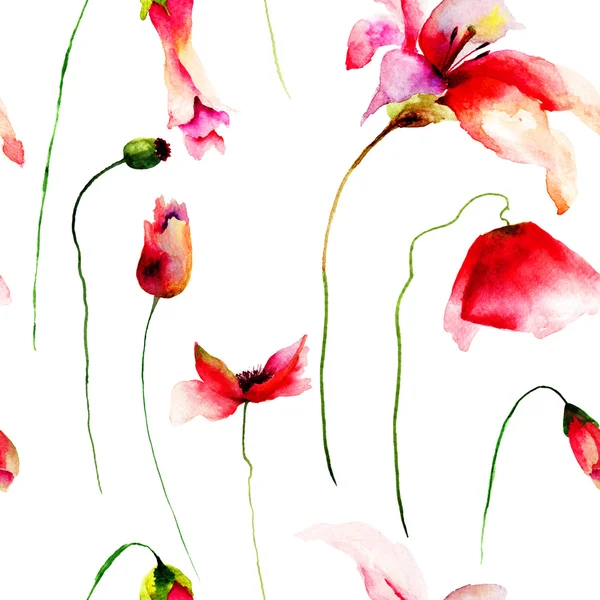 Seamless wallpaper with Lily, Poppy and Tulips — Stock Photo, Image