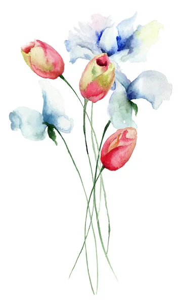 Tulipes et fleurs de pois doux — Photo