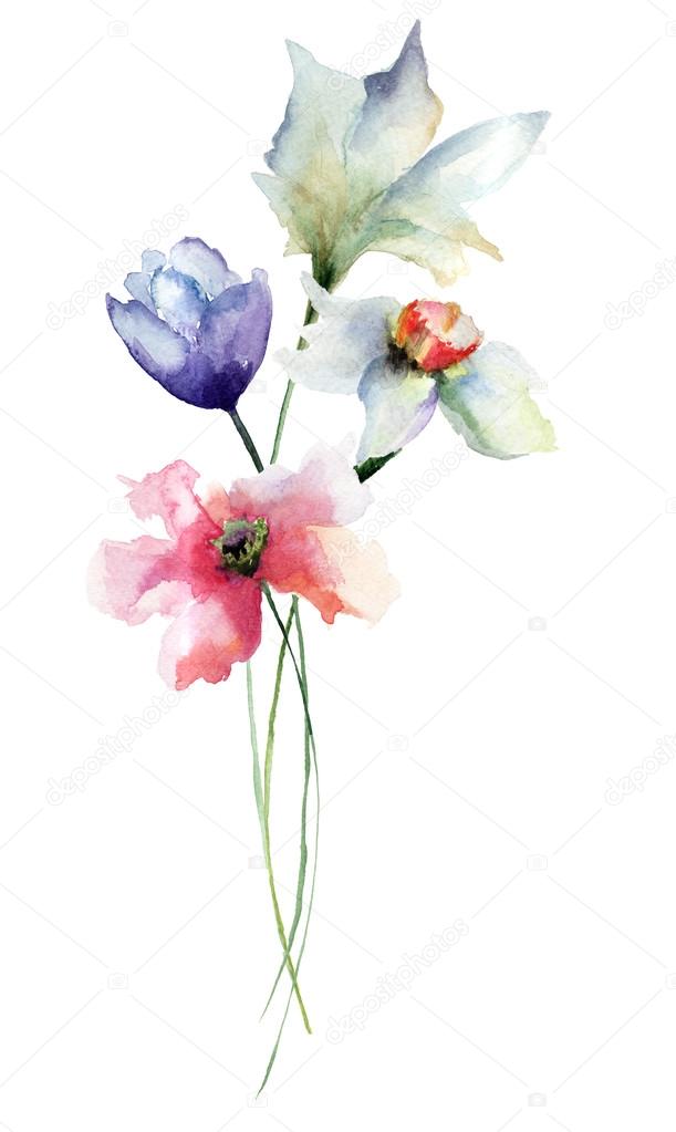 illustrazione ad acquerello fiori stilizzati — Foto Stock ...
