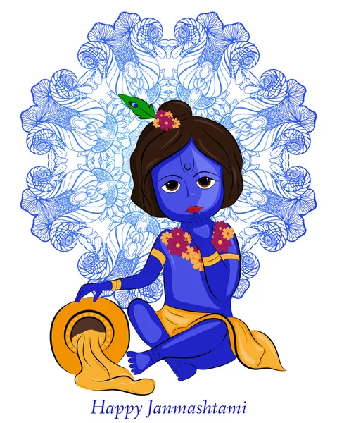 Tegnefilm Lord Krishna med gryde med smør – Stock-vektor