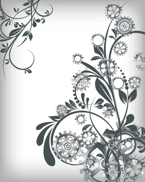 Fondo mecánico con elementos florales — Vector de stock