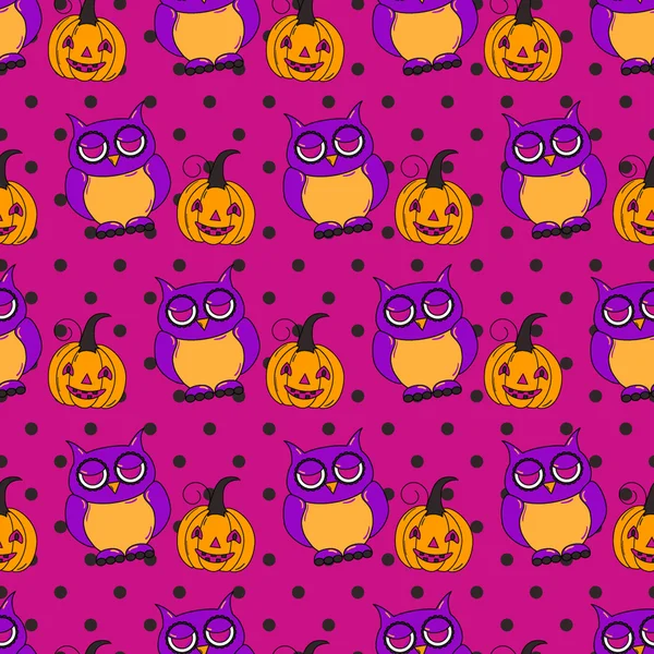 Naadloze Halloween patroon met uilen en pompoenen — Stockvector