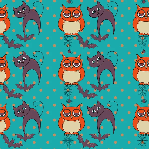 フクロウと猫とハロウィーンのパターン — ストックベクタ