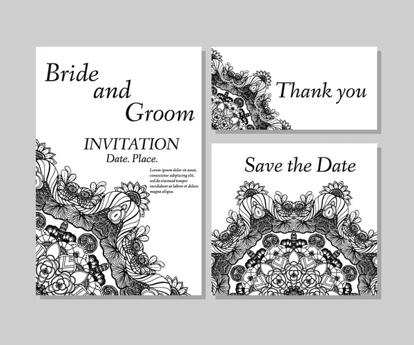 Invitación floral de boda en blanco y negro — Archivo Imágenes Vectoriales