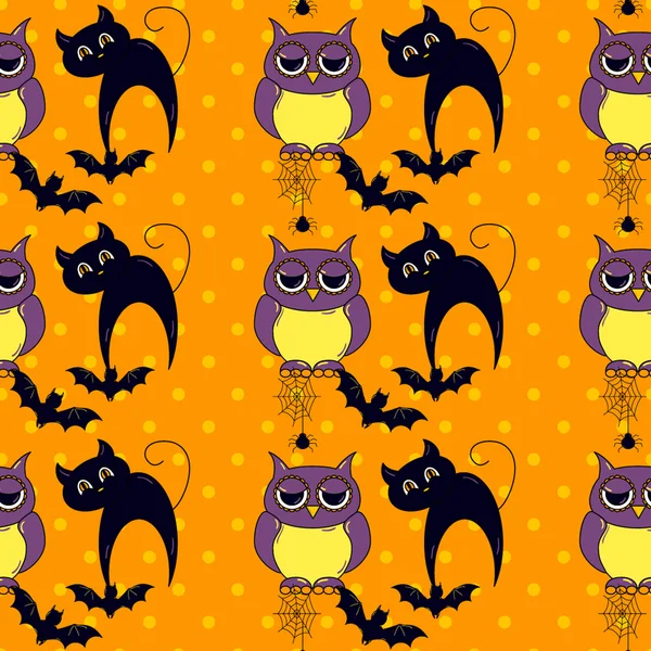 Cadılar Bayramı desenle baykuşlar ve kedi — Stok Vektör