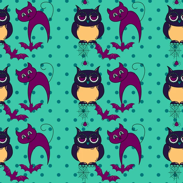 フクロウと猫とハロウィーンのパターン — ストックベクタ