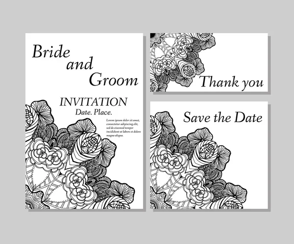 Czarno-białe kwiatowy zaproszenie ślubne — Wektor stockowy