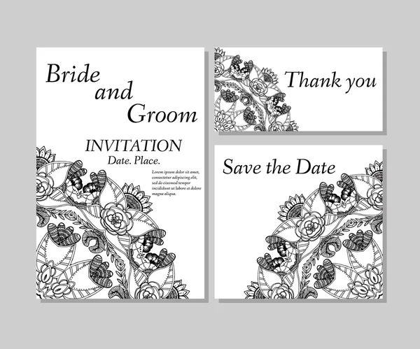 Invitación floral de boda en blanco y negro — Archivo Imágenes Vectoriales