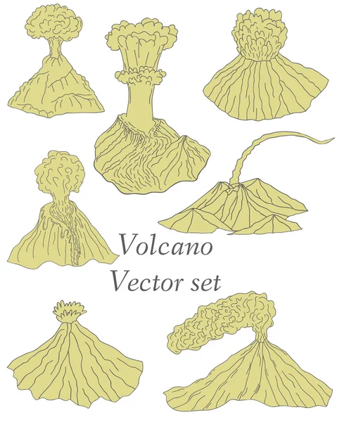 Conjunto de volcán en erupción ilustración — Vector de stock