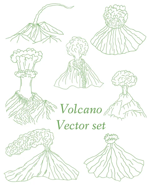 Conjunto de volcán en erupción ilustración — Vector de stock