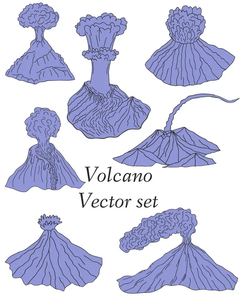 Conjunto de volcán en erupción ilustración — Vector de stock