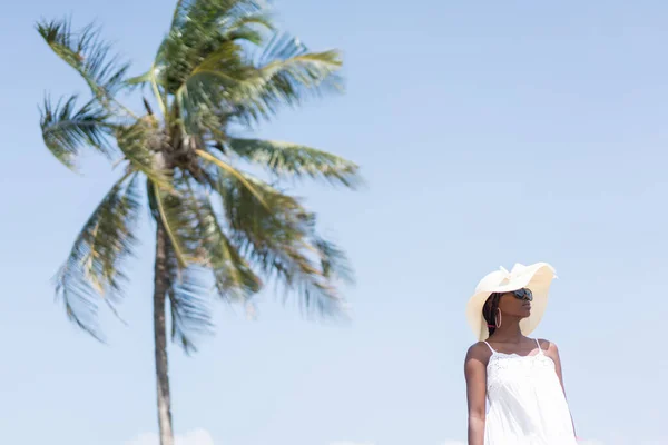 สาวสวย สีดํา แอฟริกัน อเมริกัน ผู้หญิงบนชายหาดเขตร้อน รูปภาพสต็อก