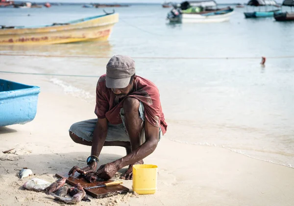 Pescador negro franco en la costa cerca del océano Imágenes De Stock Sin Royalties Gratis