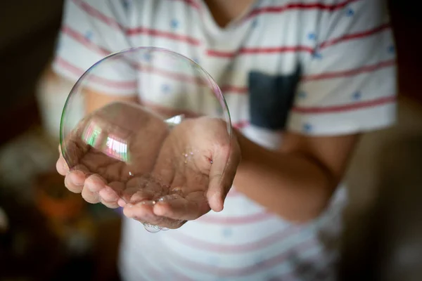 Little Creative Kid Having Fun Soap Bubble Lockdown — Stock Photo, Image