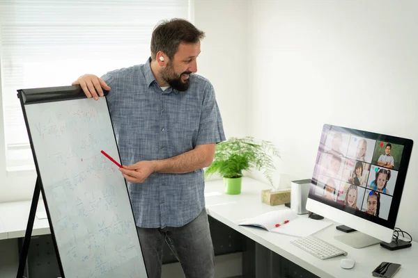 Erkek öğretmen okul çocuklarıyla çevrimiçi konferans yapıyor.