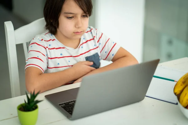 Niño usando el ordenador portátil en casa, foto de alta calidad —  Fotos de Stock