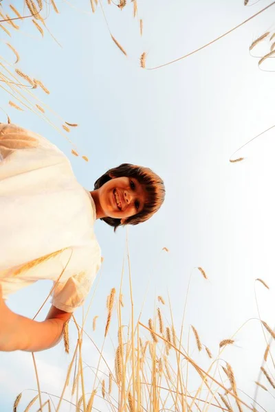 Niño feliz en el campo de cosecha — Foto de Stock