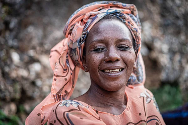 Black African senior beautiful woman with scarf outdoors portrait — Stockfoto