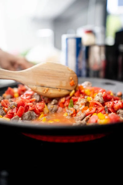 Preparing delicious food with meat and vegetables — Stock Photo, Image