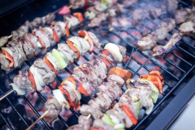 Farklı et ve sebzelerle lezzetli bir barbekü hazırlıyorum.